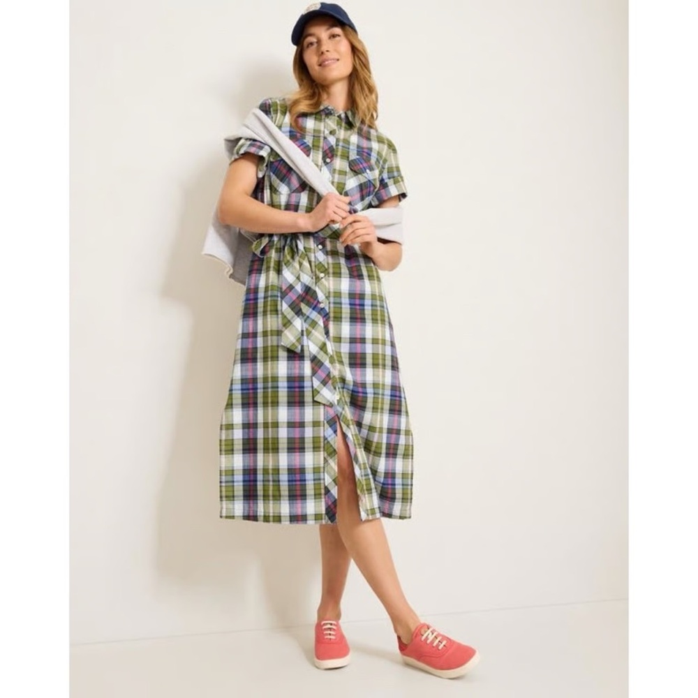 NWT Handwoven Madras Plaid Midi Shirt Dress Belt Pockets M